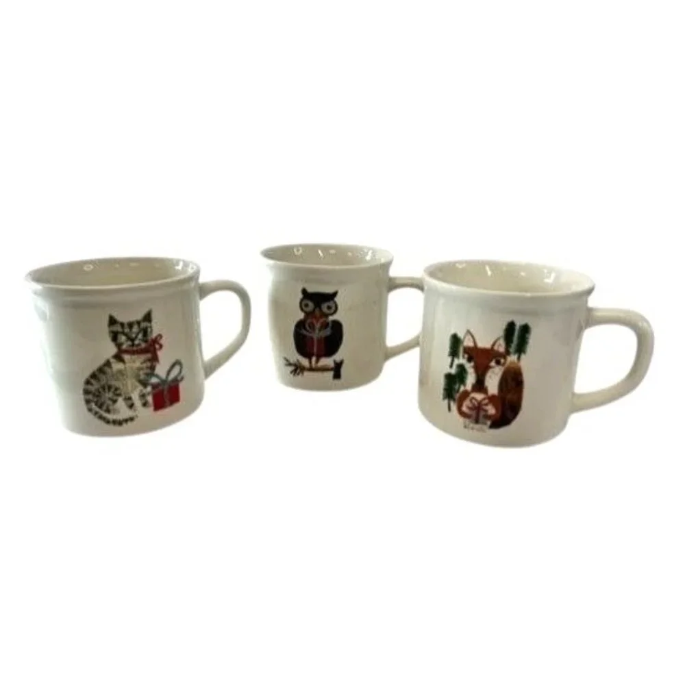 3 POTTERY BARN DENISE FIEDLER WHIMSICAL CAT,FOX & OWL MUGS -A FUN TASTE OF NATUR